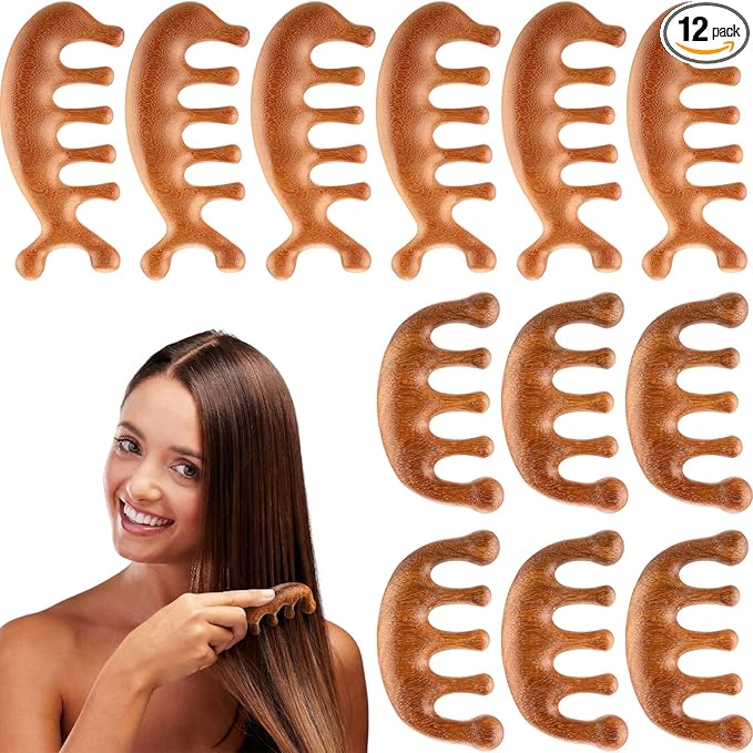 LemonRoad 12 Pack Wooden Scalp Massager Natural Sandalwood Wide Tooth Combs Wooden Scalp Massage Combs Bulk for Hair Growth Hair Care (Sea Lion&Classic)
