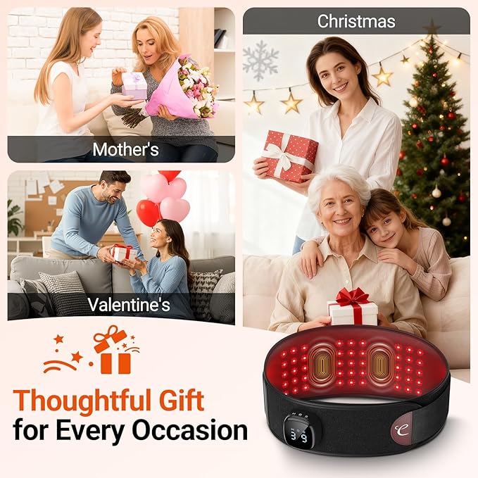 Comfytemp Cordless Red Light Therapy Massage Belt with Vibration for Back, Wearable FSA Eligible HSA Near Infrared Lower Back Massager, Portable Birthday Mothers Day Gifts for Women Mom, 660nm & 850nm