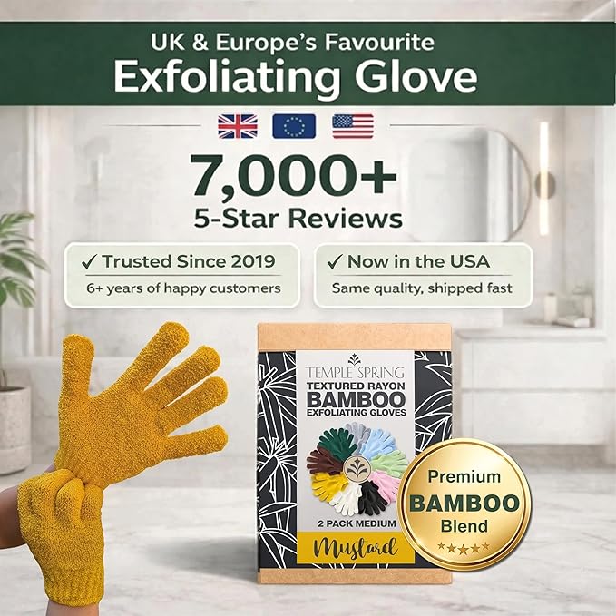 Temple Spring Shower Gloves Exfoliating for Women – Natural Textured Rayon Bamboo Exfoliating Glove with Thicker Weave for Deep Cleansing, Dead Skin Removal & Smooth Radiant Skin (1 Pair, Mustard)