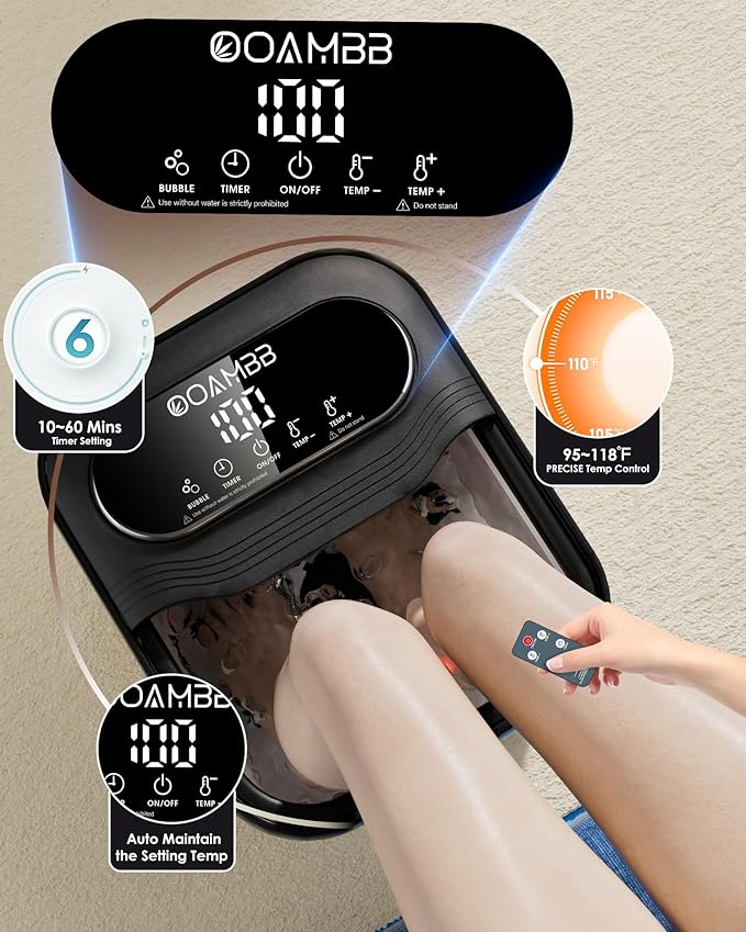 OOAMBB Collapsible Foot Spa with Heat, Bubble and Temp Control, Remote, Foot Bath Massager with XL Touch Screen and Massage Rollers, Foot Soaking Tub, Pedicure Foot spa for Stress Relief (Black)