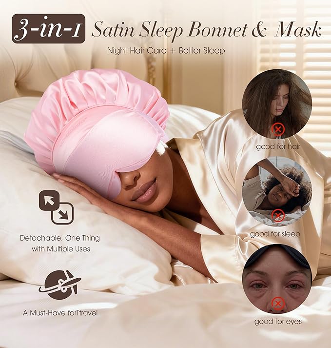 LC-dolida Satin Silk Bonnet for Sleeping Women Men, Hair Bonnet for Curly & Natural with Sleep Mask, Reduce Frizz