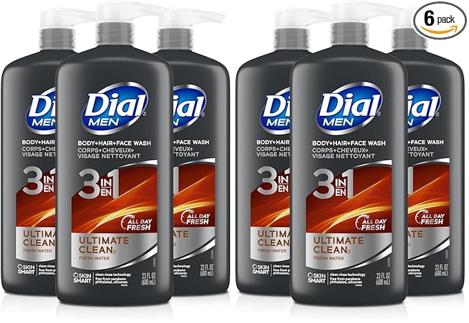 Dial Men 3 in 1 Body,Hair and Face Wash,Refresh,16 Fl Oz,Cleanses Deep + Gentle on Skin with Clean Rinse Technology,(Pack of 6)