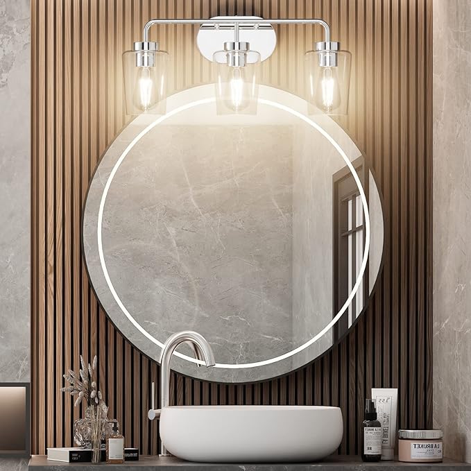 Tipace Modern Bathroom Vanity Lighting Fixtures 3-Lights Industrial Stainless Steel Chrome Finish with Clear Glass Vanity Lights Farmhouse Bath Lighting(Exclude Bulb)