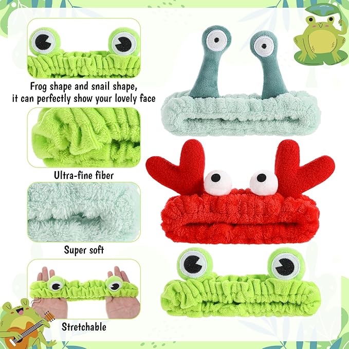 3Pcs Face Wash Headband Cute, Soft Spa Headband for Washing Face, Coral Fleece Elastic Frog Crab Snail Head Band, Cartoon Makeup Headbands for Women, Fun Face Wash Headbands for Women Skincare Shower