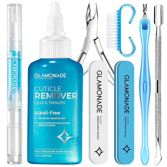 Glamonade Complete Cuticle Remover Kit – Fast & Gentle Professional Cuticle Care Set w/Remover Gel & Oil Pen, Cuticle Nipper, 2 Pushers, Nail Brush, File & Buffer for Manicure Pedicure, DIY