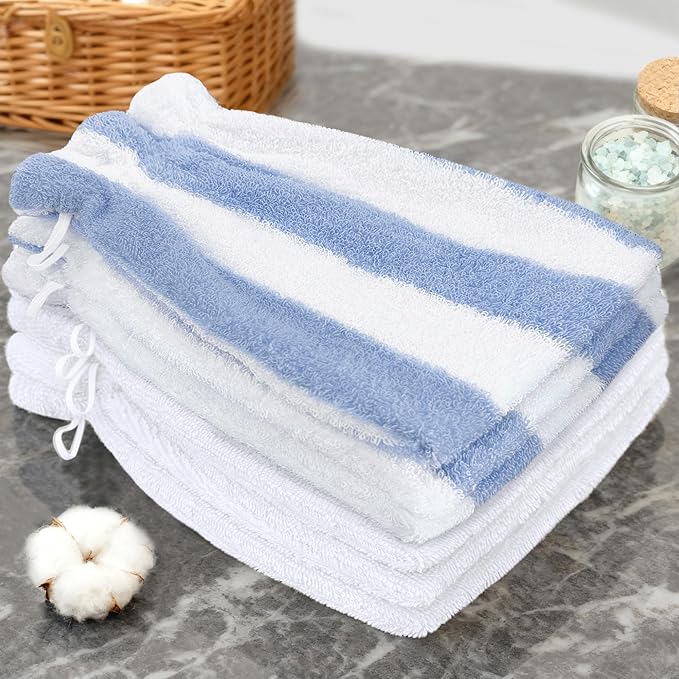 VOOVA & MOVAS 6-Pack Bath Mitts for Shower, 8.3x6.3 Inch 100% Cotton Soft Absorbent Wash Cloths with Hanging Loop, European Style Bath Mitt for Body & Spa, Blue Stripe & White