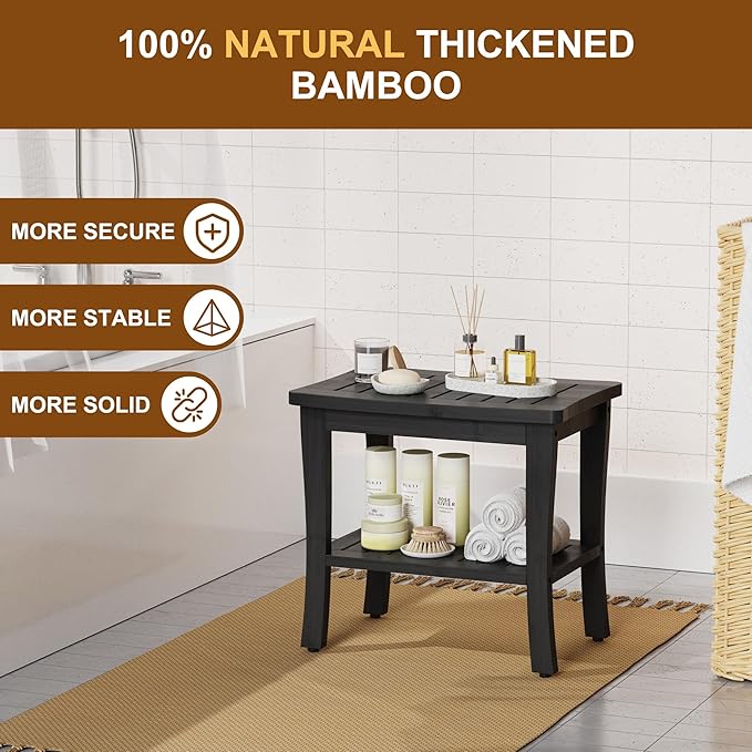 Extra Bamboo Black Shower Bench Stool Waterproof Shower Chair Spa Bath Seat Extra Big Best Hardwood Bathroom Gadgets Seat Father Day Dad Parents Stepdad Christmas Xmas Happy Birthday Gifts Ideal