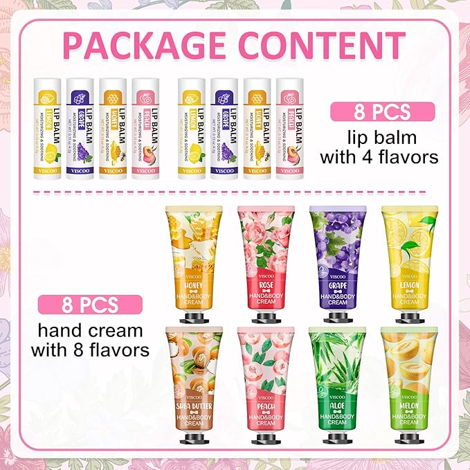 VISCOO 16 Pack Bulk Lip Balm and Hand Cream Set, Mothers Day Gifts, Teacher Appreciation Gifts, Nurses Week Gift, Thank You Bridal Wedding Favors for Guests, Small Gift for Women Birthday