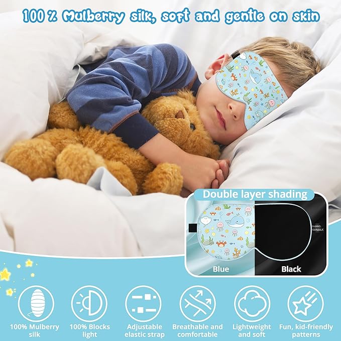 Kids Sleep Mask Eye Cover: 100% Real Natural Pure Silk Eye Mask with Adjustable Strap, Funny Blindfold Kids Eye Mask for Sleeping, Soft & Lightweight Eye Shade for Boys Girls Teens (Ocean Style)