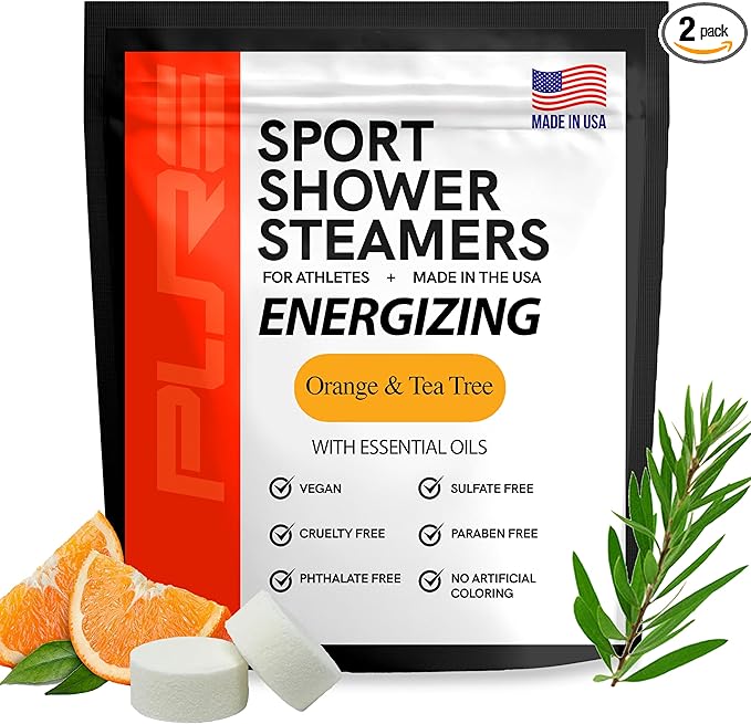 Pure Energizing Sport Shower Steamers - Natural Orange and Tea Tree Essential Oils, Made in USA, Energy Boost for Athletes, Mother’s Day Gifts for Runners, Relaxing Birthday Gifts for Self Care