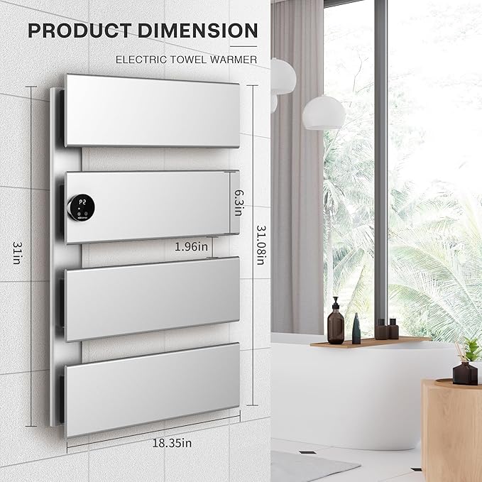 K&KALONZO Electric Towel Warmer, 18.35" W x 31" H Wall-Mounted Towel Heater with Built-in Timer, Waterproof Aluminum Towel Warmer for Bathroom, Support Plug-in and Hardwired, Silver, K4-L-S