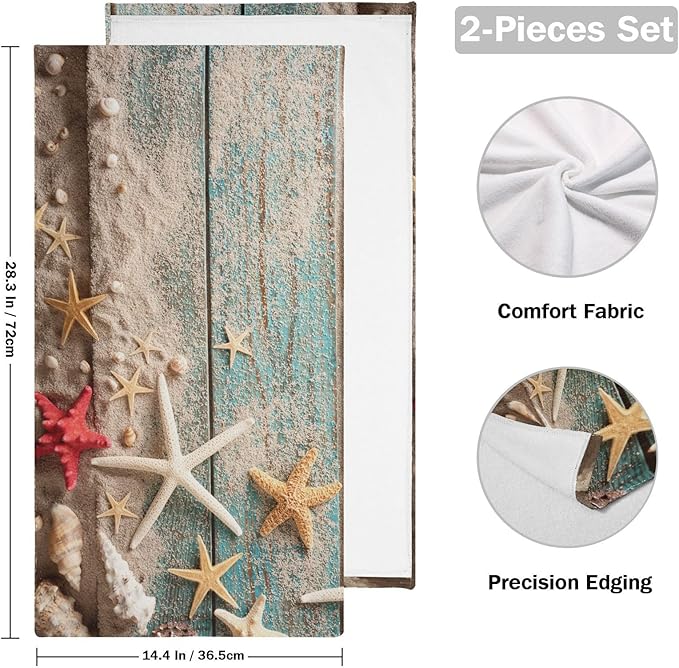 Nautical Seashell Starfish Hand Towels for Bathroom Set of 2,Decorative Summer Blue Wooden Beach Themed Bathroom Towels for Bath,Face,Hair,Soft Absorbent Dish Towels for Kitchen Decor 28"x14"