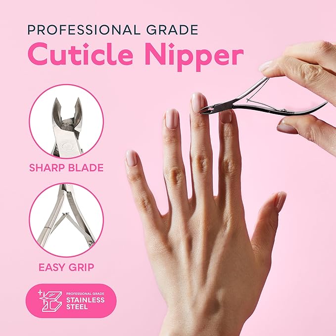 SUNUV 4PCS Cuticle Nippers, Cuticle Pusher with Nail File and Buffer Set, Professional Stainless Steel Durable Pedicure Manicure Nail Care Tools