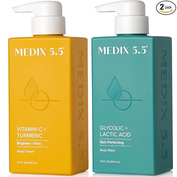 Medix 5.5 Exfoliating AHA Glycolic Acid Face & Body Wash Cleanser + Vitamin C Moisturizing Body Cream Lotion Skin Care 2PC Set | Alpha Hydroxy Acid & Lactic Acid Foaming Face Wash, 2-PC