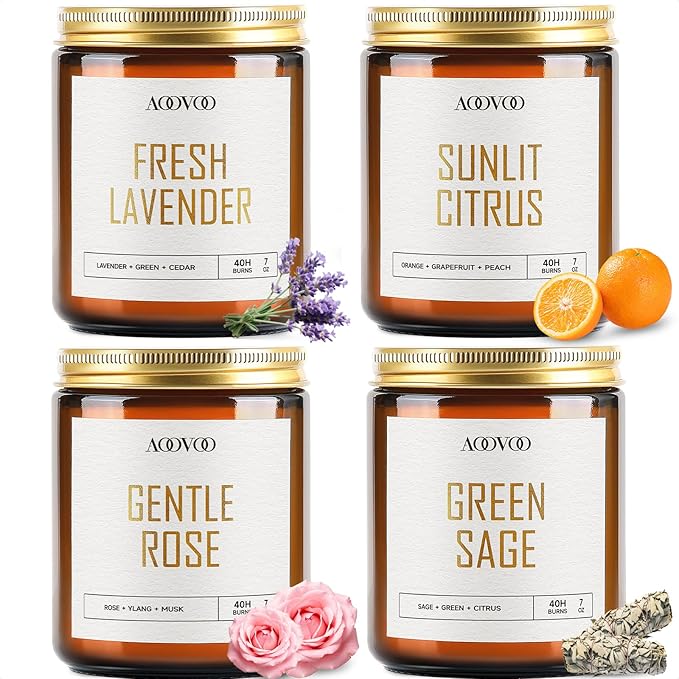 AOOVOO Candle Set - 4PC Scented Candles, 28 oz Soy Candles, Soy Candle for Home Scented, Lavender/Citrus/Rose/Sage