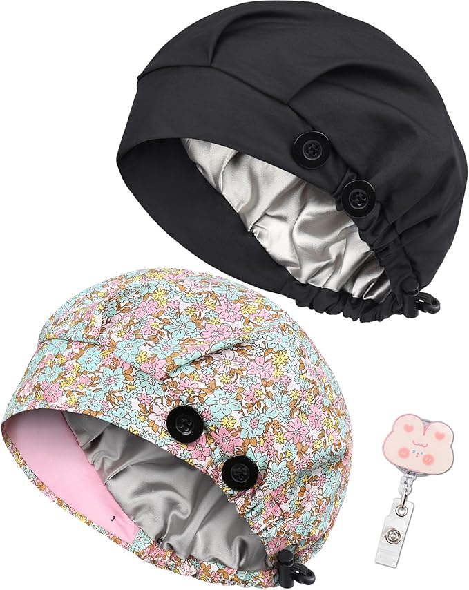 2 Pack Satin Lined Bouffant Scrub Caps with Buttons, Adjustable Scrub Caps for Women Men