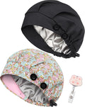 2 Pack Satin Lined Bouffant Scrub Caps with Buttons, Adjustable Scrub Caps for Women Men