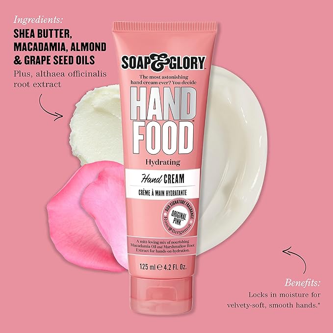 Soap & Glory Hand Food Hand Cream - Almond Oil + Shea Butter Hydrating Cuticle & Hand Moisturizer - Rose & Bergamot Scented Hand Cream for Dry Hands (125 ml)