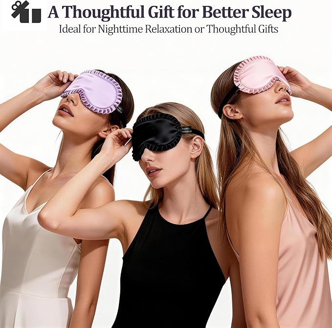 Silk Sleep Mask for Women, 100% Mulberry Silk Eye Mask, All-Silk Filled, Adjustable Elastic Strap with Elegant Wave Trim, Blackout Soft Eye Cover, Travel & Gift (Purple)