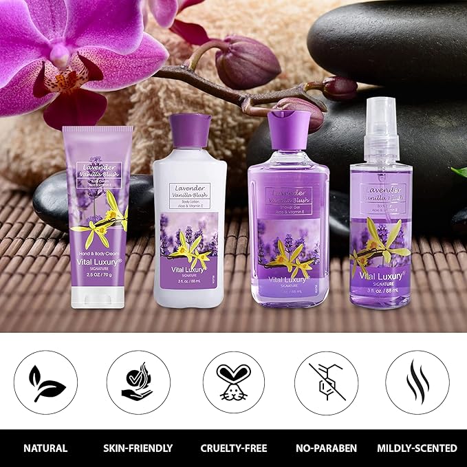 Bath & Body Travel Kit - Lavender Vanilla Blush Fragrance Mist, Body Lotion, Shower Gel, and Body Cream - Ideal 3 Fl Oz Skincare Gift Set for Home Spa
