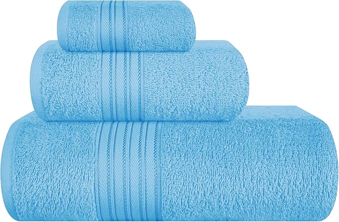 BOUTIQUO Ultra Soft 3 Pack Cotton Towel Set, Contains a Bath Towels 28x55 inch, a Hand Towels 16x24 inch & a Wash Coths 12x12 inch, Ideal Everyday use, Compact & Lightweight - Sky Blue