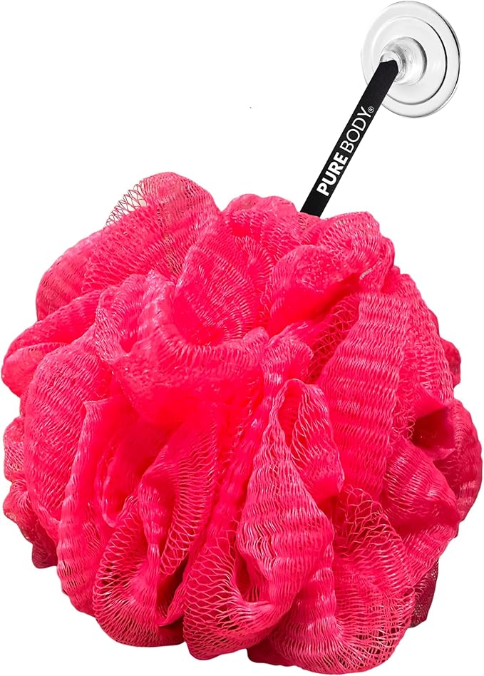 Pink Bath Sponge Pack of 3 – Large Exfoliation Loofahs with Suction Cup for Easy Drying, 70G Mesh Poufs for All Skin Types, Lather for Daily Use