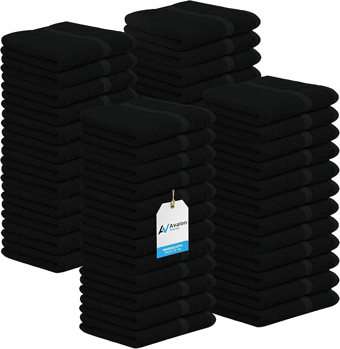 Avalon Towels Cotton Washcloths – (Pack of 48) Size 12x12 Inches, 100% Ring Spun Cotton, Soft & Absorbent Face Towels, Gym Towels, Hotel and Spa Quality, Reusable Fingertip Towels (Black)