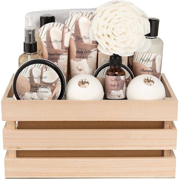 Aqua Elegante Full Spa Gift Set - 15 Piece Premium Bath Basket with Wash, Bubbles, Lotion, Salts, Body Scrub, Towel, Shower Puff, Bathbombs, Reusable Basket, Gifts for Women - Coconut & Vanilla