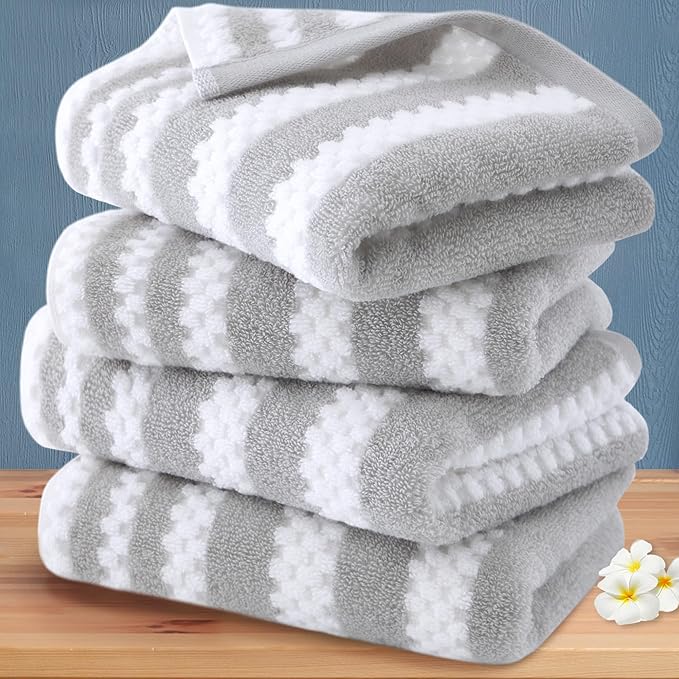 VOOVA & MOVAS Bathroom Hand Towels, 4PC 16"x27" - 100% Cotton | Soft | Quick Dry | Absorb | Lightweight, Waffle Striped Bathroom Hand Towels Decorative Set, Gray and White Towel Gift Set