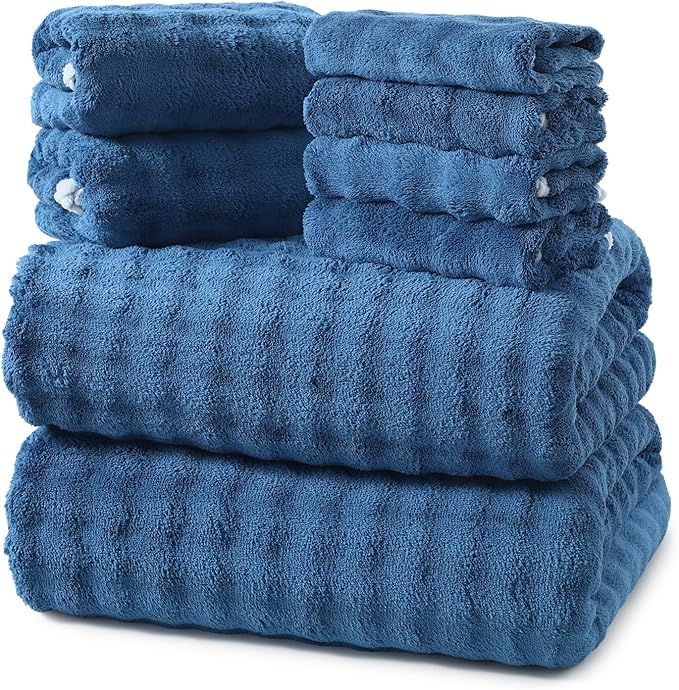 REDKISS 8-Piece Soft Bath Towel Sets, Extra Large 2 Bath Sheet (35×70 in), 2 Hand Towel, 4 Washcloth, Microfiber Quick Dry & Absorbent, Blue Towels for Bathroom