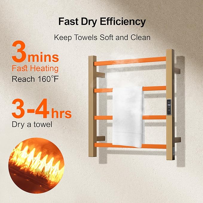 Electric Heated Towel Warmer - Wall Mounted Bathroom Towel Rack, Plug-in Design & Gold Brushed Stainless Steel Finish Gold with Timer & Temperature Control, 4 Bar