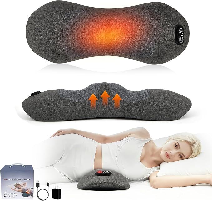 3-in-1 Neck Massager Pillow with Heating & Cervical Traction, Ergonomic Cervical Pillow for Neck Back Shoulder Pain Relief,Cervical Traction Suppor, Mathers Day Gifts (Gray Lumbar Pillow)