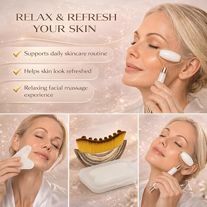 Lymphatic Contour Face Brush & Natural Jade Roller Set - Premium Xiuyu Jade Gua Sha Tool with Facial Massage Roller - Complete Skin Care Kit for Jawline Sculpting, Puffiness Relief