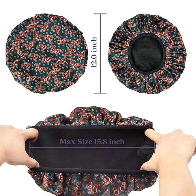 Paisley Satin Shower Cap, Three-Layer Terry Cloth Lined, with Silk Hair Ties, Microfiber Waterproof Reusable Large Size Shower Cap for Women Long Thick Hair (Red Bandana)