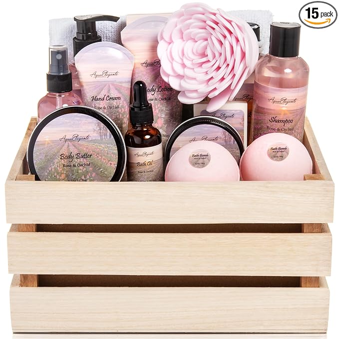 Aqua Elegante Full Spa Gift Set - 15 Piece Premium Bath Basket with Wash, Bubbles, Lotion, Salts, Body Scrub, Towel, Shower Puff, Bathbombs, Reusable Basket, Gifts for Women - Rose Oil & Orchid
