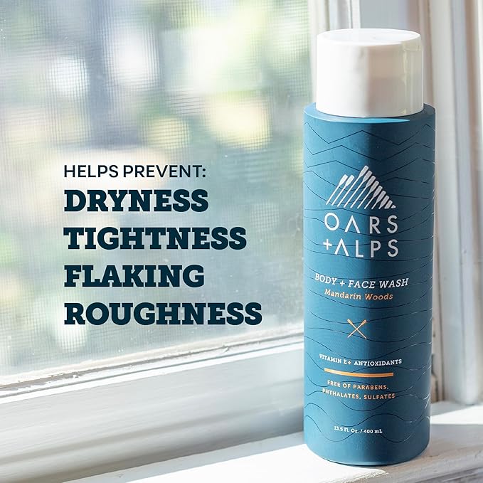 Oars + Alps Body Wash for Men, Mens Body Wash & Face Cleanser with Vitamin E & Antioxidants, Moisturizing, Paraben & Sulfate Free Cleanser, Mandarin Woods, 2pk