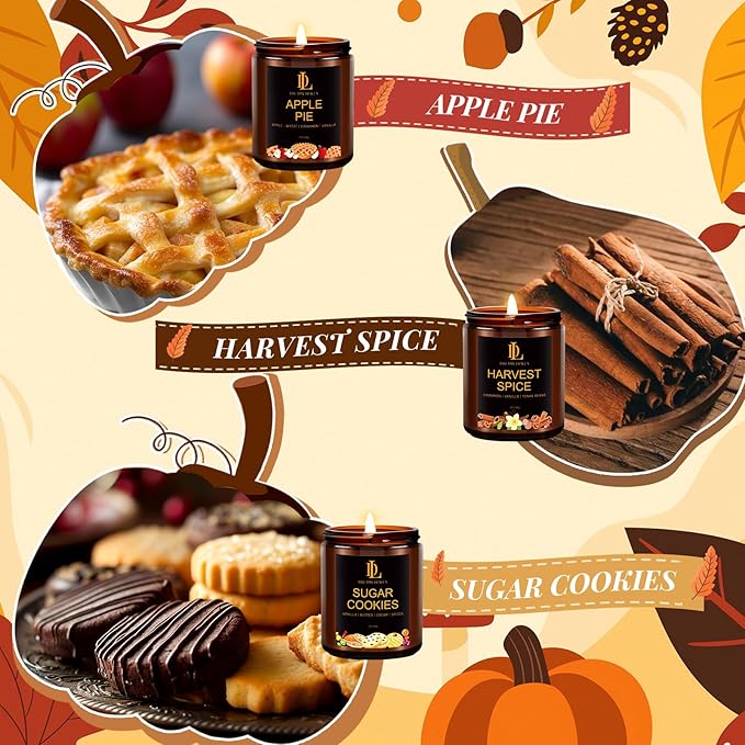 Fall Candles, 6 Pack Soy Candle Set, Scented Candles for Home, Holiday Candle for Women Men, Scents of Sugar Cookies/Vanilla Pumpkin/Cinnamon Clove/Apple Pie/Harvest Spice/Fall Party