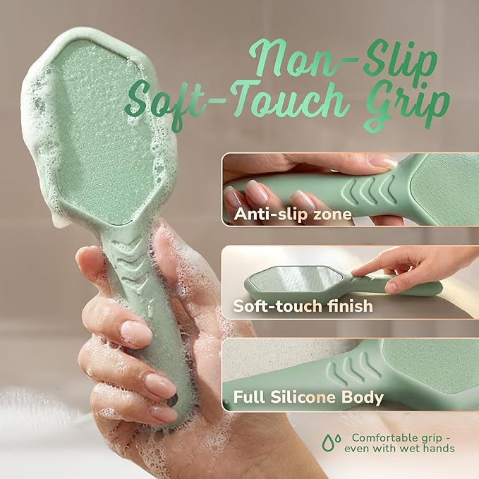SILKLE Nano Glass Foot File - Silicone Foot Callus Remover for Feet and Cracked Heels - Heel Scraper for Dead Skin - Ergonomic Foot Scrubber & Exfoliator for Shower with Non-Slip Grip - Green