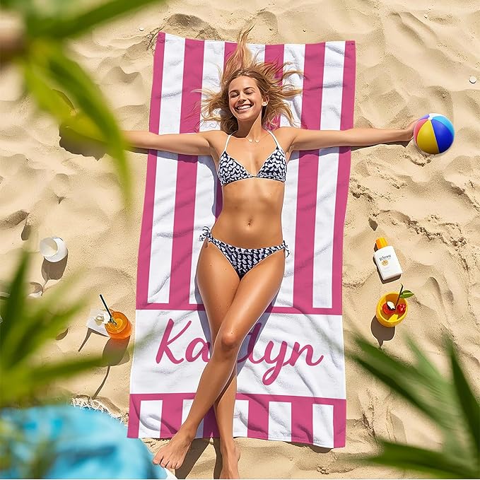 JML Personalized Beach Towel with Name, Custom Cabana Stripe Beach Towel, Customized Microfiber Pool Towel, Quick Dry & Absorbent Swim Towel for Adult,Anniversary, Birthday, Summer Holiday,Vacation