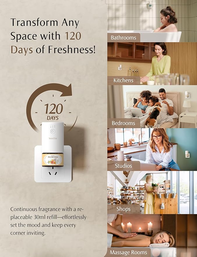 Plug-in Air Freshener for Home, Waterless Essential Oil Diffuser for Bedroom and Bathroom, Non-Toxic Formula for Pets and Nursery, 120 Days Runtime, Refillable Citrus Cedar Verbena(Warm Or)