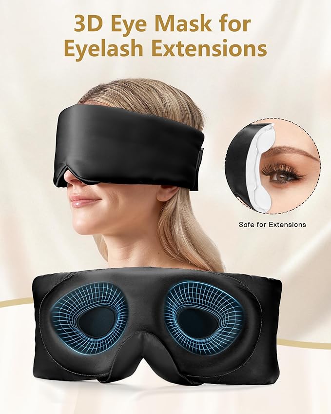 BeeVines Pure Silk 3D Sleep Mask for Women & Men, Luxury 100% 22 Momme Mulberry Silk 3D Contoured Eye Mask for Lash Extensions, Zero Eye Pressure & Blackout for Sleeping, with Adjustable Band (Black)