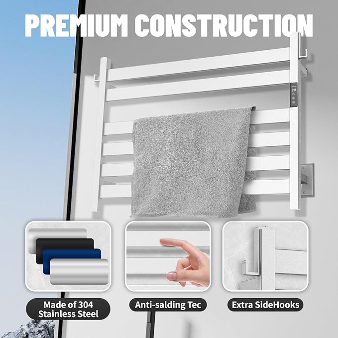 K&KALONZO Towel Warmer for Bathroom, Wall-Mounted 6-Bar Heated Towel Rack with Built-in Timer, Waterproof Electric Towel Heater, Support Plug-in and Hardwired, Brushed, EL18MN