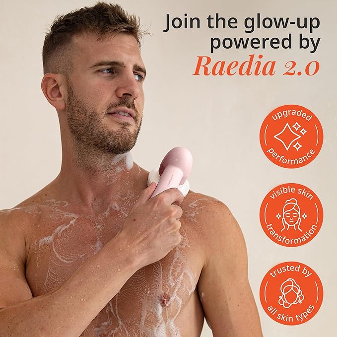 Raedia 2.0 Handheld Facial Cleansing Brush with 4 Interchangeable Brush Heads by Vanity Planet - Lightweight Daily Cleansing Brush for Glowing Skin - Water Resistant Face Exfoliator - Pink