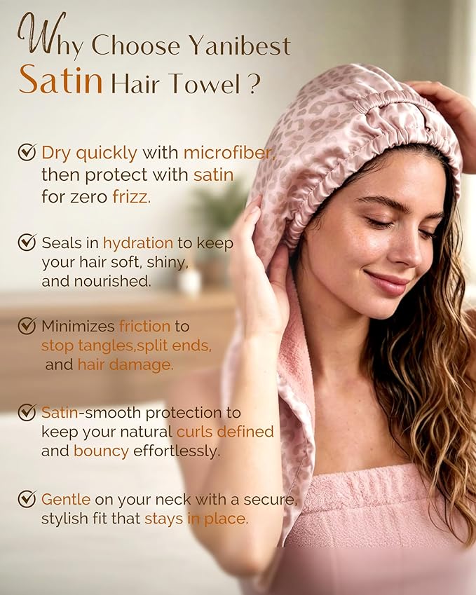 YANIBEST Satin Microfiber Hair Towel Wrap for Women, Fast Drying, Ultra Absorbent, Head Turban with Elastic for All Hair Types, Pickleopard