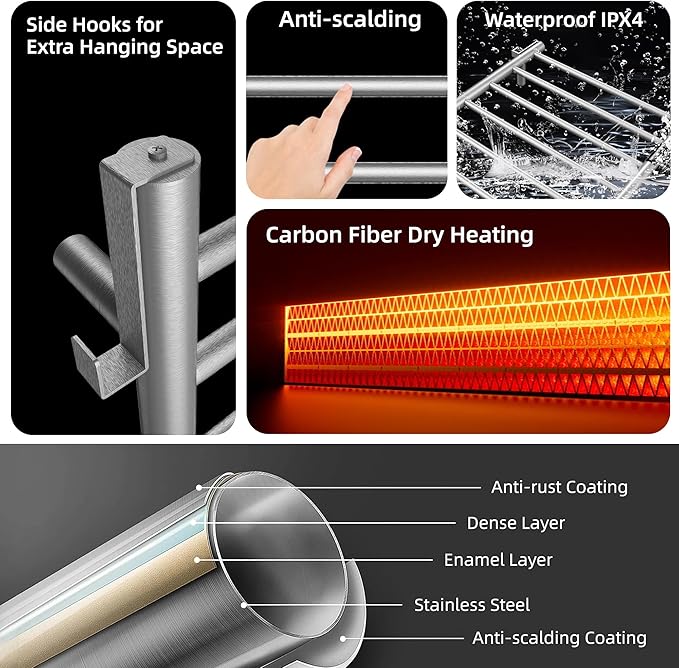 P&Dlusir Towel Warmer, Heated Towel Rack with Smart Timer and Thermo Control, Wall-Mounted Heated Towel Rail, Stainless Steel, Hard-Wired/Plug-in, Brushed, 5 bar