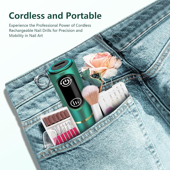TUOBEO Cordless Nail Drill Electric Rechargeable File Kit, Professional Efile Acrylic Gel Nail Polish Remover Pedicure Manicure Machine Portable Set with 11 Bits 56 Sanding Bands Salon Blackish Green