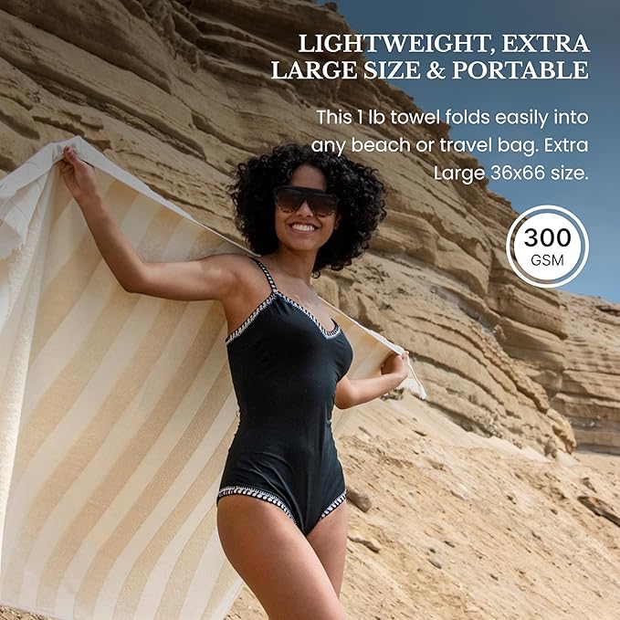 Lightweight Turkish Beach Towel - 100% BCI Cotton, Unbleached Raw Fringe, Oeko-TEX Certified, Absorbent, Eco-Friendly, 36x66”, Natural Stripes, Portable Sarong Blanket for Pool, Travel