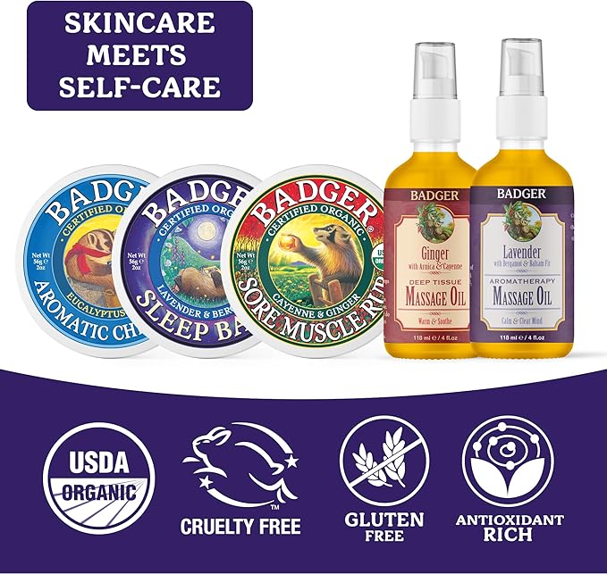 Badger Lavender Massage Oil, 100% Organic Massage Oil, Relaxing & Moisturizing Pure Aromatherapy Oils of Lavender, Bergamot & Balsam Fir, 4 fl oz Glass Bottle