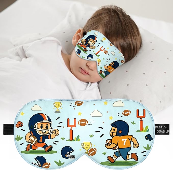Kids Sleep Mask – 100% Mulberry Silk Eye Mask with Adjustable Strap, Soft Light Blocking Sleeping Mask for Children, Cute Printed Eye Cover for Boys Girls Ages 5-15 (Football Style)