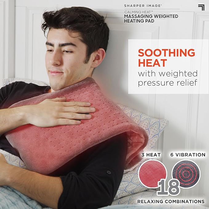 Calming Heat Massaging Vibrations Weighted Heating Pad by Sharper Image | Temperature Settings,Auto Shut-Off Feature,Gift for Holidays,Women & Men | 3 Heat,6 Massage,12” x 24”,4 lbs,(Pack of 6)